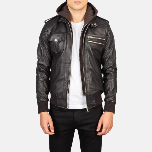 Bravado Brown Leather Bomber Jacket with Detachable Hood