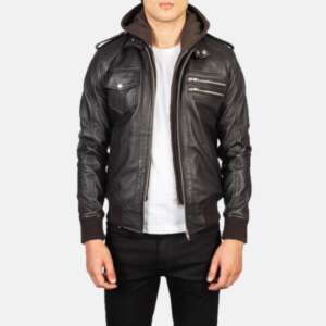 Bravado Brown Leather Bomber Jacket with Detachable Hood