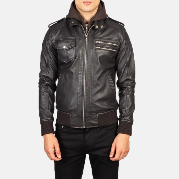 Bravado Brown Leather Bomber Jacket with Detachable Hood