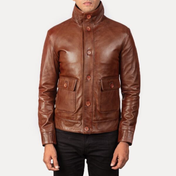 Brown Leather Bomber Jacket - Columbus Style