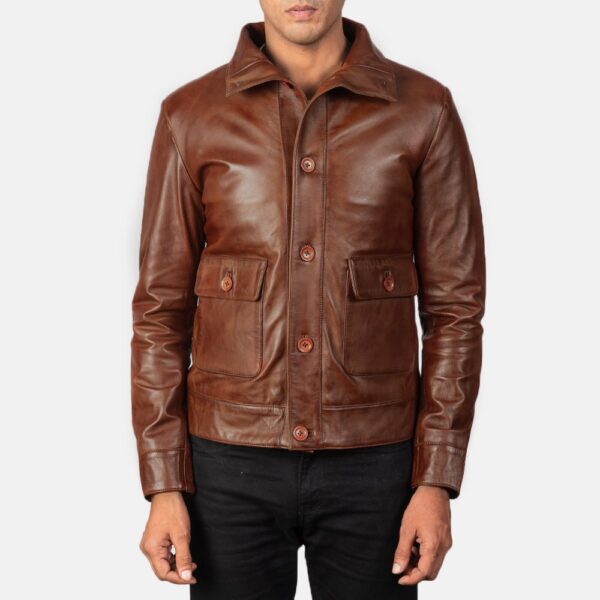 Brown Leather Bomber Jacket - Columbus Style