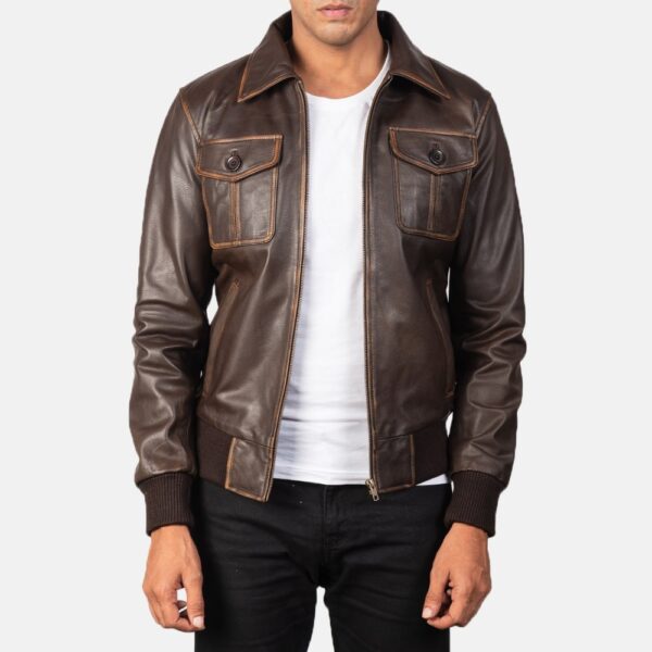 Brown Leather Bomber Jacket - The Aaron