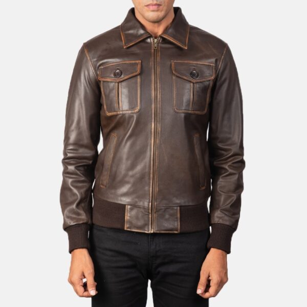 Brown Leather Bomber Jacket - The Aaron