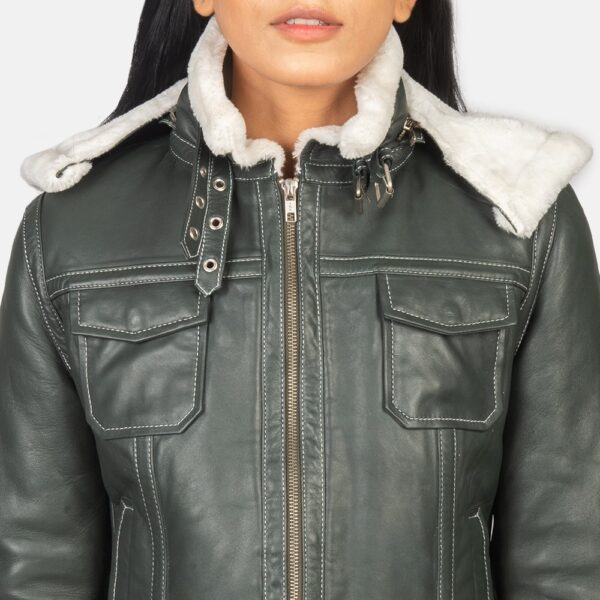 Fiona Shearling Leather Jacket with Hood in Green