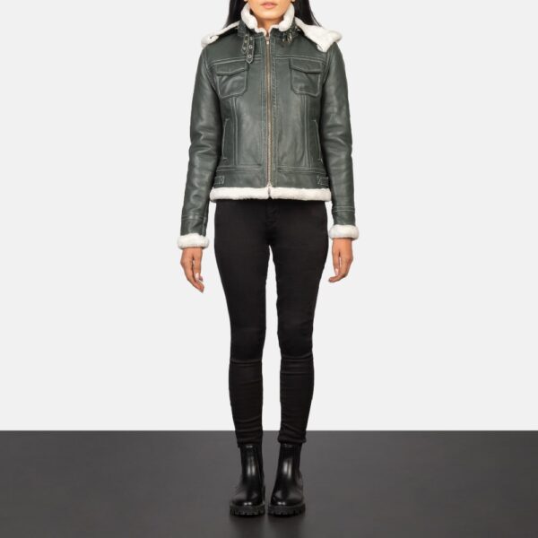 Fiona Shearling Leather Jacket with Hood in Green