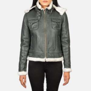 Fiona Shearling Leather Jacket with Hood in Green