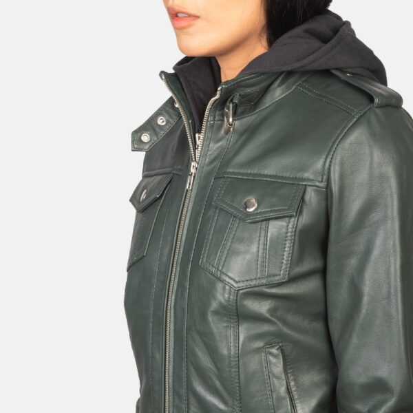 Green Hooded Leather Bomber Jacket - Roslyn