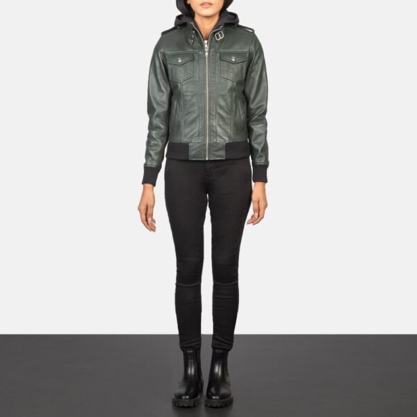 Green Hooded Leather Bomber Jacket - Roslyn