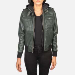 Green Hooded Leather Bomber Jacket - Roslyn