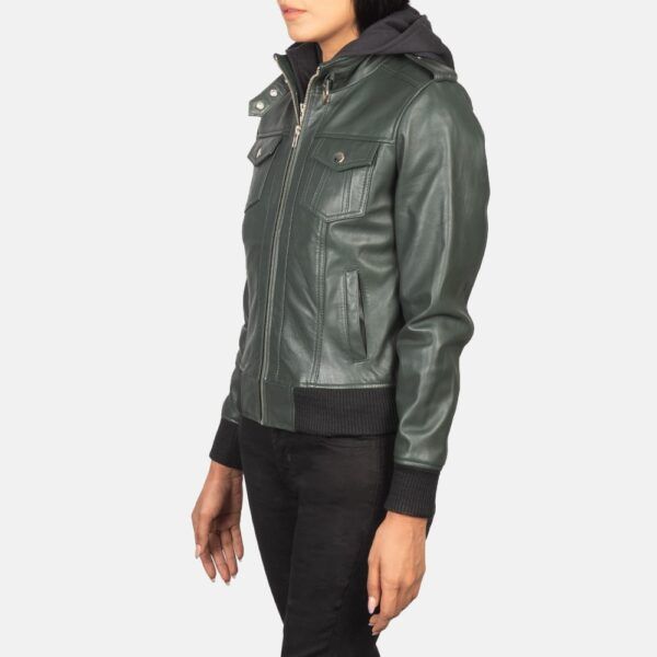 Green Hooded Leather Bomber Jacket - Roslyn