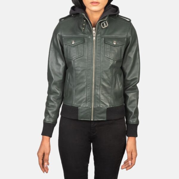 Green Hooded Leather Bomber Jacket - Roslyn