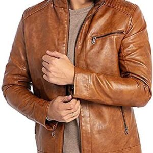 Men's Brown Lightweight Motorcycle Leather Jacket with Stand Collar