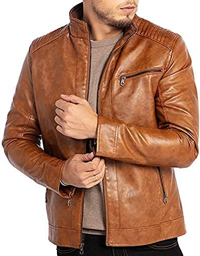 Men's Brown Lightweight Motorcycle Leather Jacket with Stand Collar