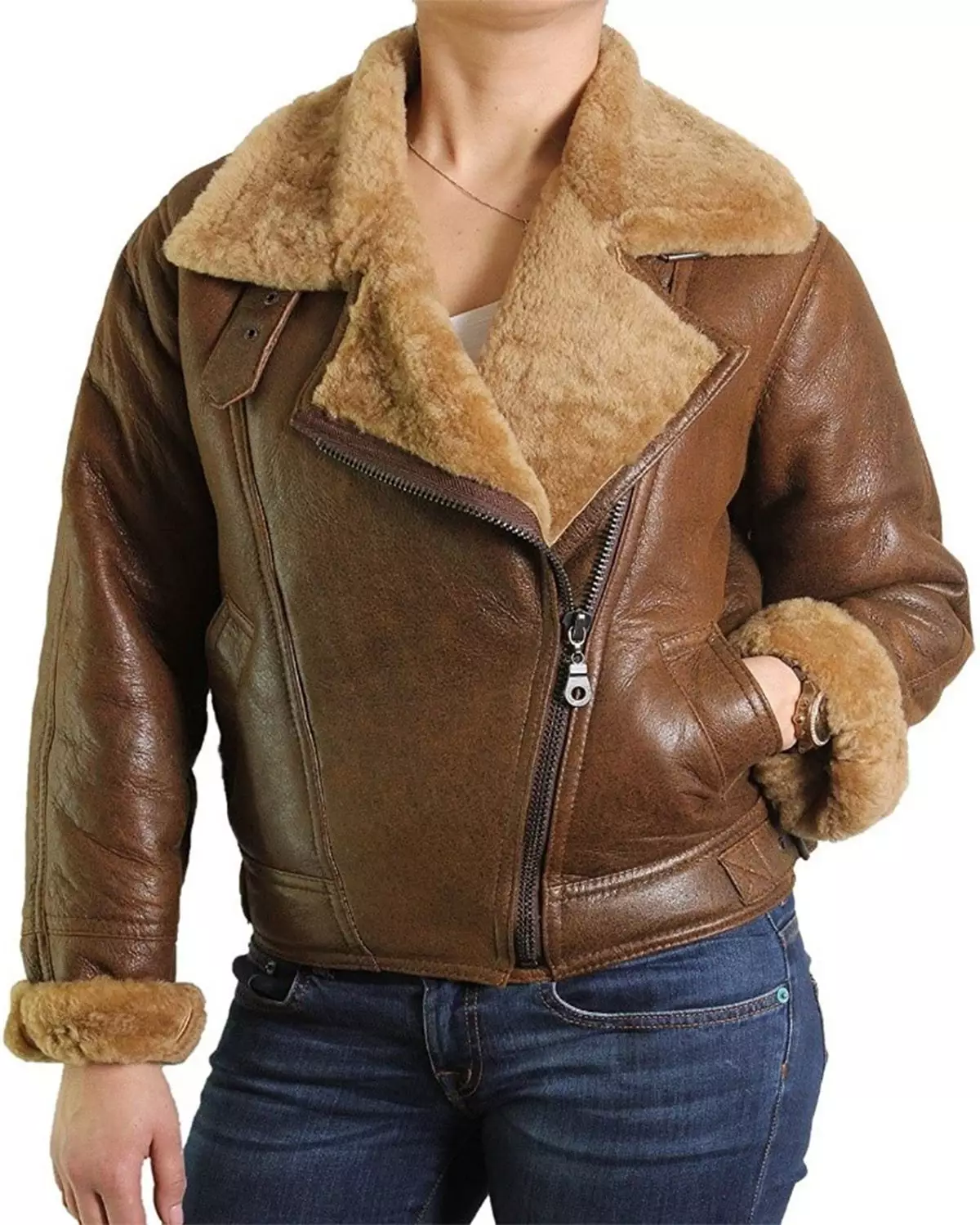 Effortless Style Women's Fur Shearling Flying Bomber Aviator Jacket