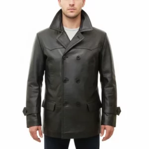 Front view of a man wearing the Men's Black Leather Peacoat Bursdon, showcasing the double-breasted button closure and broad collar against a white background.