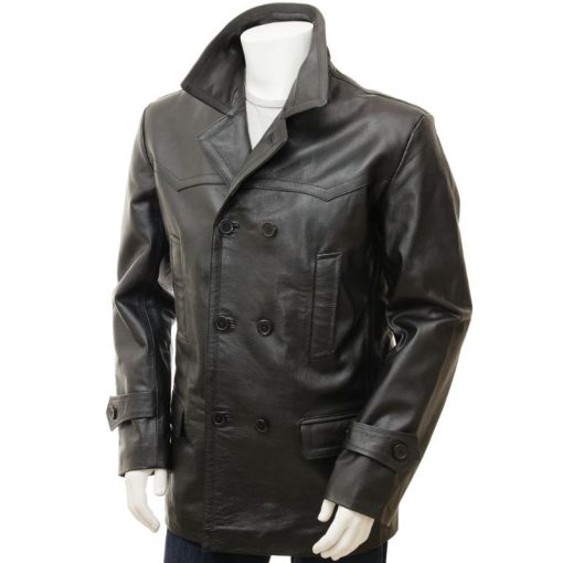 Men’s Black Leather Peacoat: Bursdon