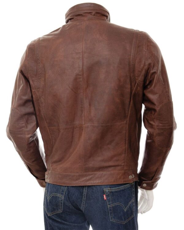 Men's Brown High Funnel Neck Collar Biker Leather Jacket