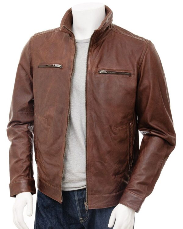 Men's Brown High Funnel Neck Collar Biker Leather Jacket