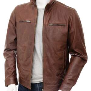 Men's Brown High Funnel Neck Collar Biker Leather Jacket