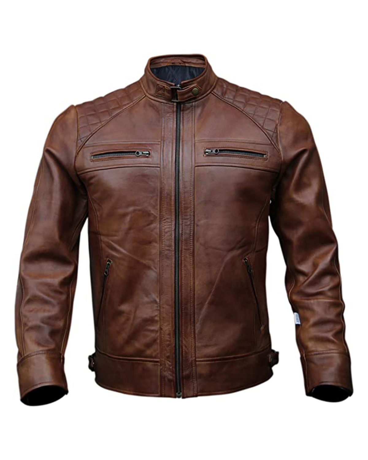 Refined and Timeless: Men's Quilted Style Classic Biker Leather Jacket in Brown Color