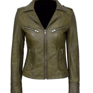 Revamp Your Style Women's Classic Olive Green Biker Leather Jacket