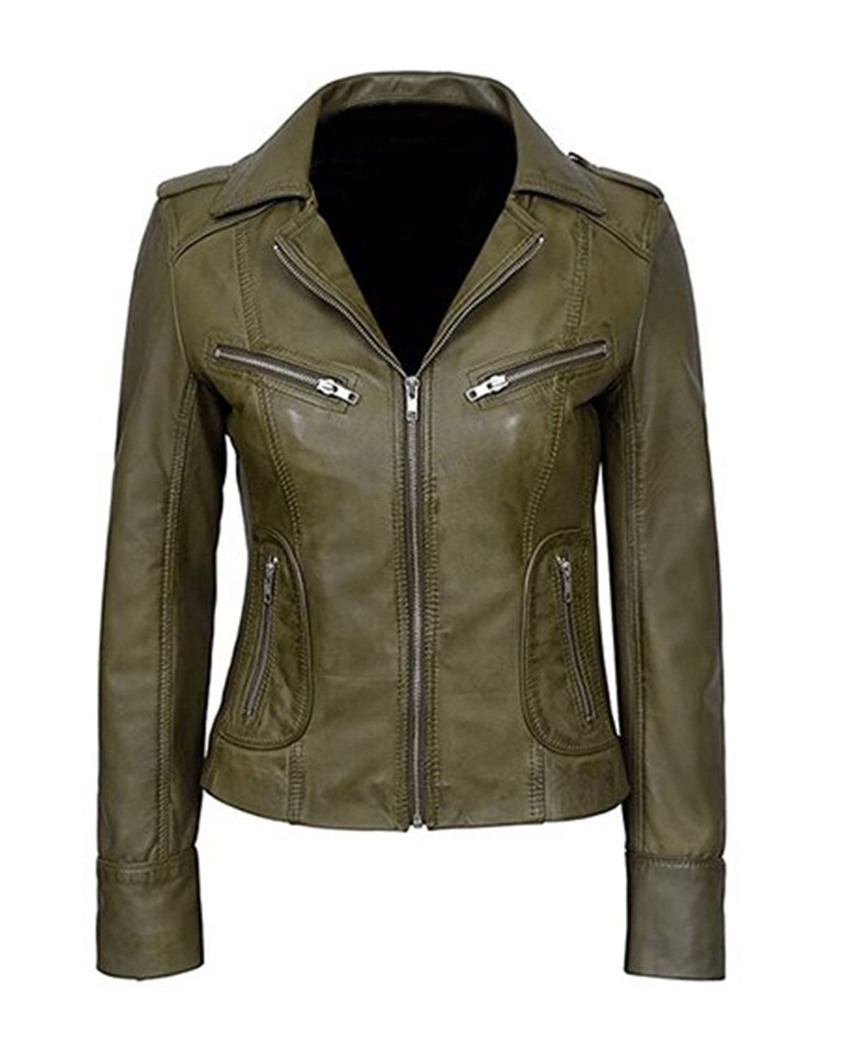 Revamp Your Style Women's Classic Olive Green Biker Leather Jacket