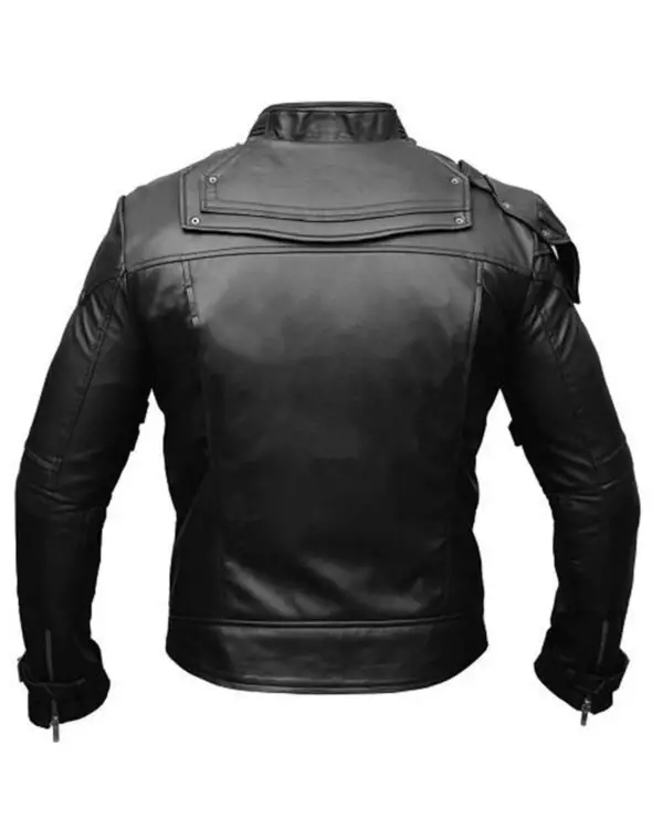 Sleek and Stylish Men's Genuine Sheepskin Leather Biker Jacket with Short Collar in Black