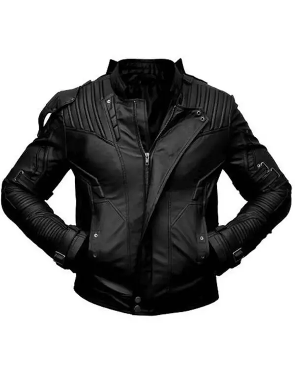 Sleek and Stylish Men's Genuine Sheepskin Leather Biker Jacket with Short Collar in Black