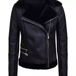 Sophisticated Edge: Women's Black Biker Aviator Style Jacket with Fur Collar