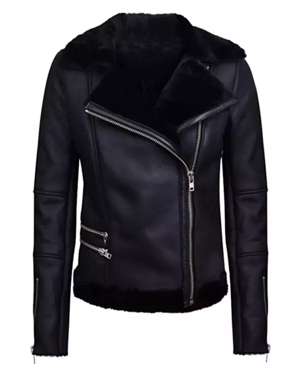 Sophisticated Edge: Women's Black Biker Aviator Style Jacket with Fur Collar