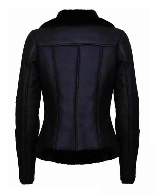 Sophisticated Edge: Women's Black Biker Aviator Style Jacket with Fur Collar