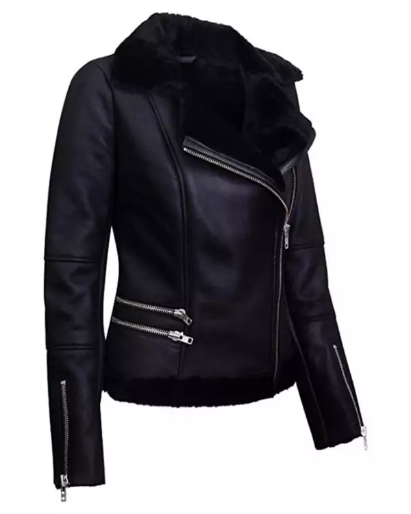 Sophisticated Edge: Women's Black Biker Aviator Style Jacket with Fur Collar