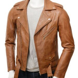 Timeless and Iconic Men's Classic Brando Style Tan Biker Leather Jacket