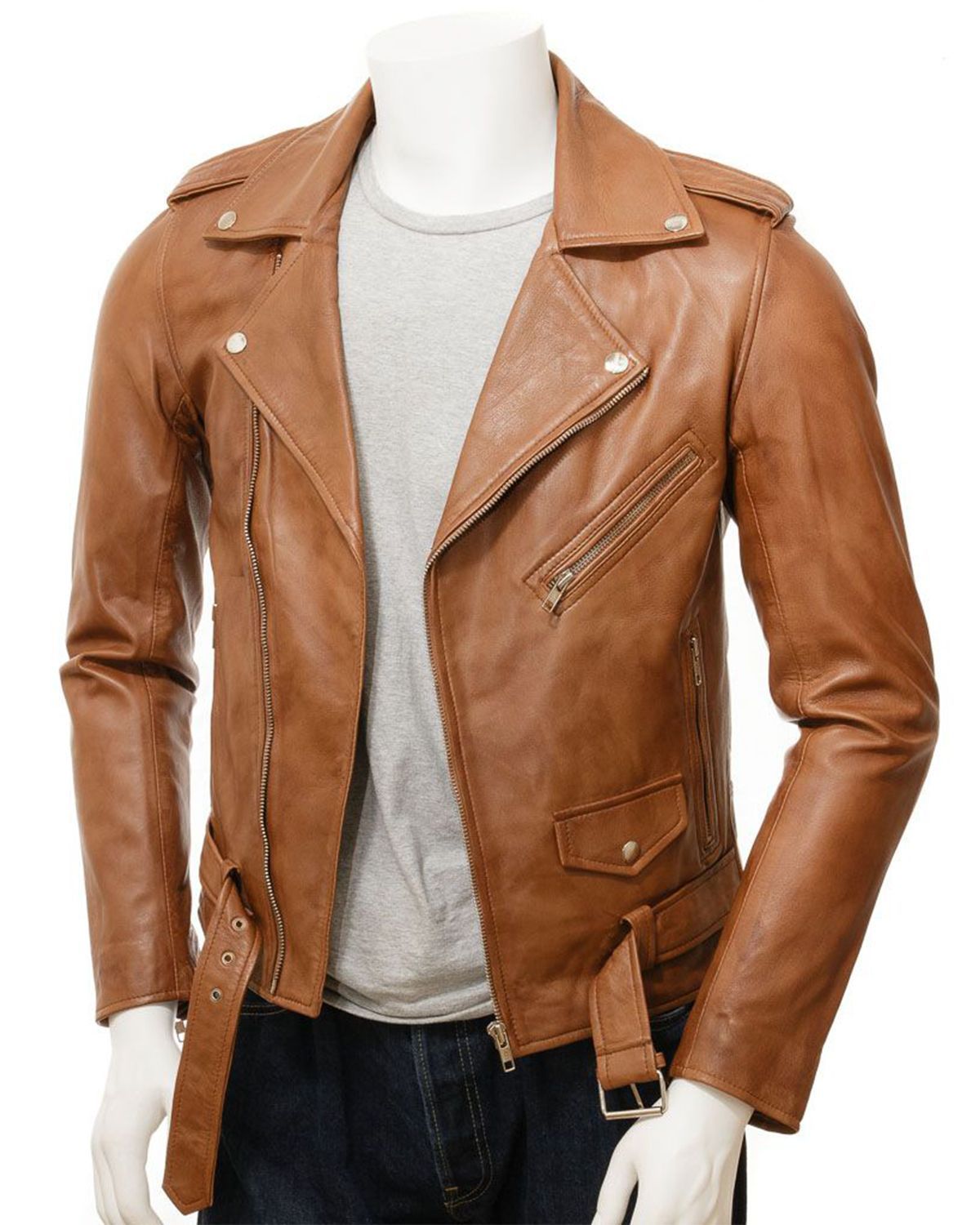 Timeless and Iconic Men's Classic Brando Style Tan Biker Leather Jacket