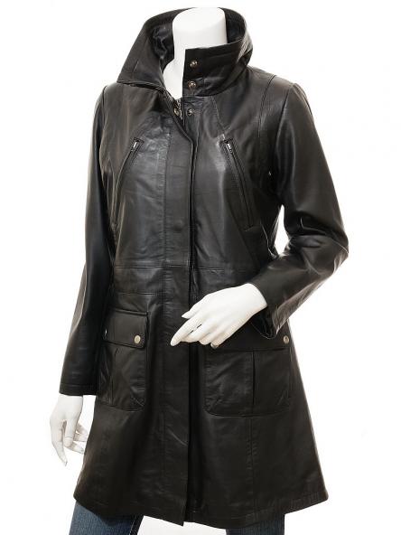 WOMEN'S BLACK LEATHER COAT: COTTONTON