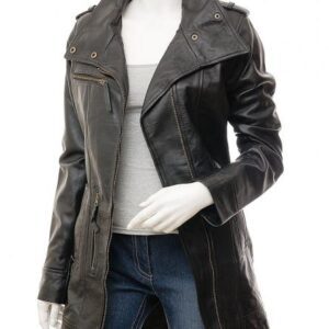 WOMEN'S BLACK LEATHER TRENCH COAT: CHICKASAW