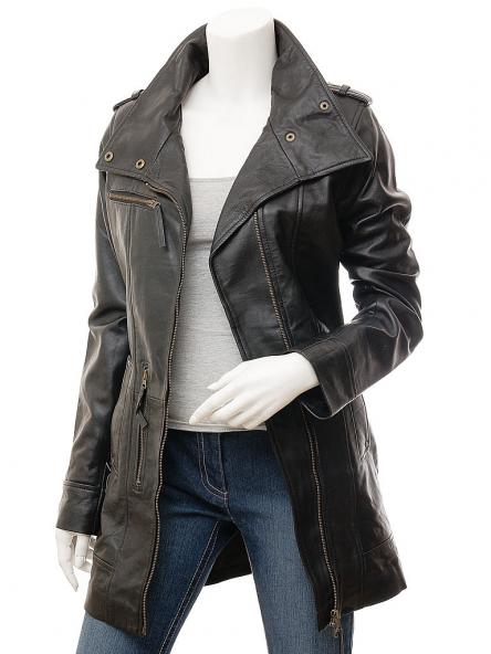 WOMEN'S BLACK LEATHER TRENCH COAT: CHICKASAW