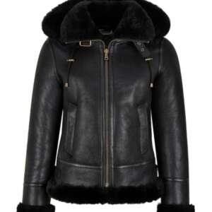 B3 Bomber Hooded Classic Black Shearling Leather Jacket for Women