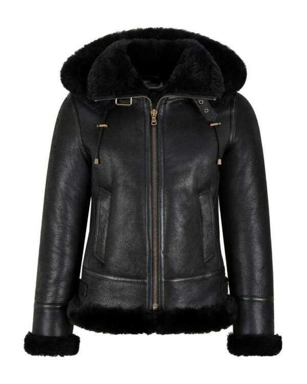 B3 Bomber Hooded Classic Black Shearling Leather Jacket for Women