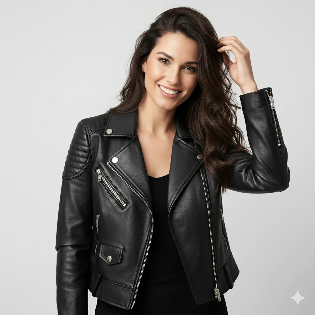 A smiling woman wearing a stylish black leather biker jacket against a plain grey background