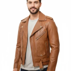 Model wearing the Men's Classic Tan Brando Style Biker Leather Jacket, front view.