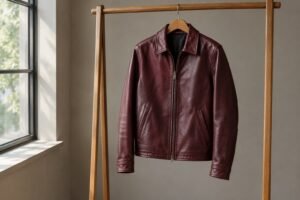 Close-up of an oxblood leather jacket showing deep red and brown tones in daylight