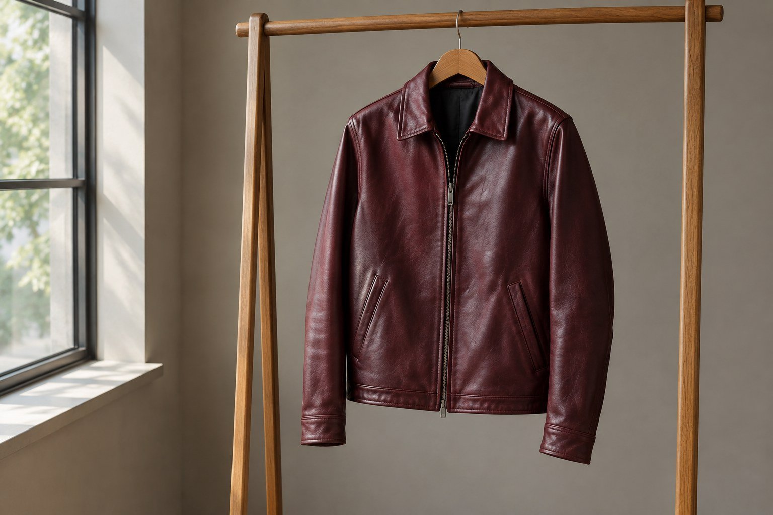 Oxblood leather jacket in daylight showing dark red and brown undertones