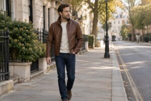 Man styling a brown funnel neck leather jacket with dark jeans and a light crew-neck shirt