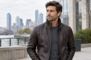 Man wearing a dark leather jacket with a raised funnel neck collar in a natural casual outfit