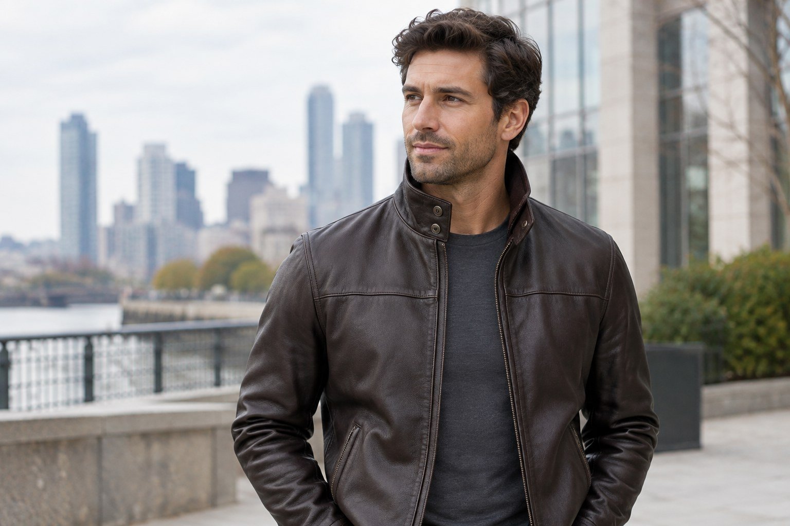 Man wearing a dark leather jacket with a raised funnel neck collar over a crew-neck shirt