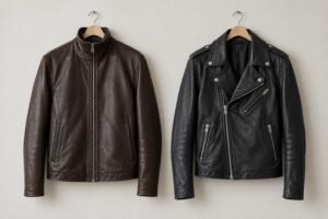 Two leather jackets showing an upright funnel collar and a folded biker lapel collar