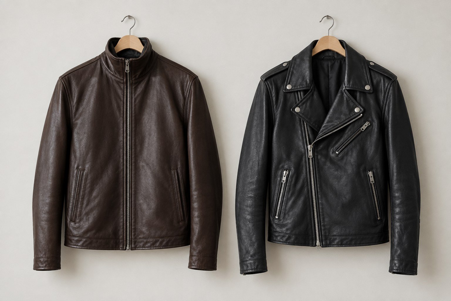 Comparison of upright funnel collar and folded biker jacket lapels